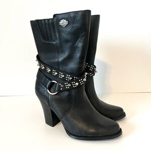 Vintage Harley Davidson Black Leather Mid Calf Boot Spikes Studs Women Size 7